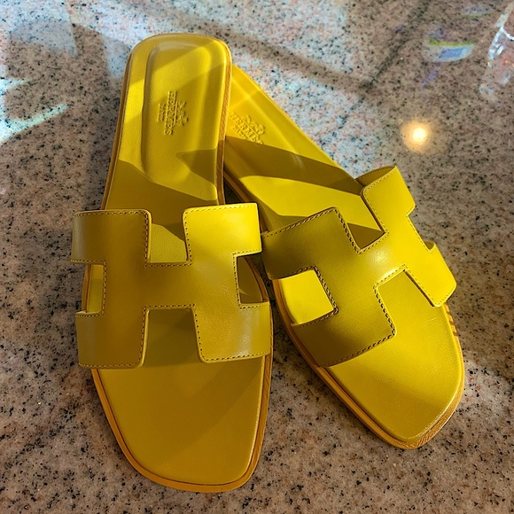 Hermes Shoes - Hermès “Oran” Leather Sandals in “Jaune Impérial” (Yellow)